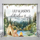 Lofaris Custom Adventure Begins Baby Shower Backdrop Woodland Mountain and Teepee Personalized Camping Theme Welcome Sign