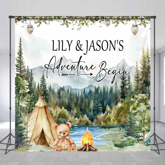 Lofaris Custom Adventure Begins Baby Shower Backdrop Woodland Mountain and Teepee Personalized Camping Theme Welcome Sign