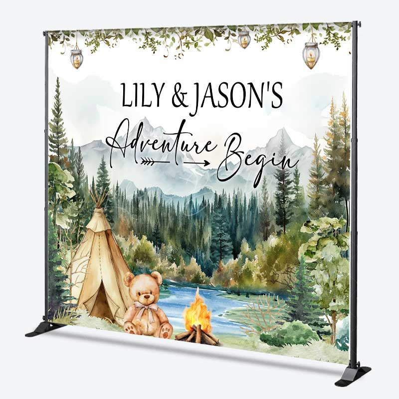 Lofaris Custom Adventure Begins Baby Shower Backdrop Woodland Mountain and Teepee Personalized Camping Theme Welcome Sign