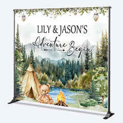 Lofaris Custom Adventure Begins Baby Shower Backdrop Woodland Mountain and Teepee Personalized Camping Theme Welcome Sign