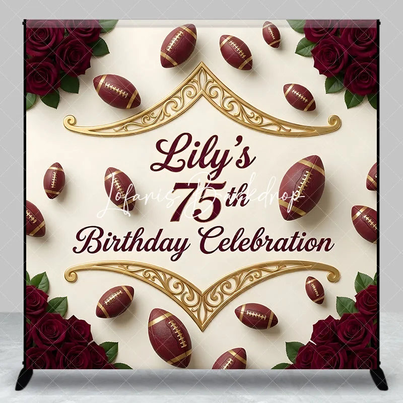 Lofaris Custom American Football and Red Rose 75th Birthday Celebration Backdrop Personalized Gold Scrollwork Party Decor