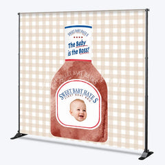 Lofaris Custom Baby’s First Birthday BBQ Sauce Bottle Backdrop featuring a Smiling Baby Face and The is Boss Slogan