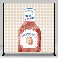Lofaris Custom Baby’s First Birthday BBQ Sauce Bottle Backdrop featuring a Smiling Baby Face and The is Boss Slogan