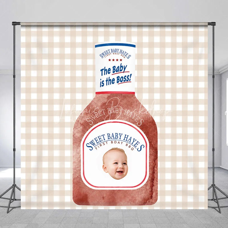Lofaris Custom Baby’s First Birthday BBQ Sauce Bottle Backdrop featuring a Smiling Baby Face and The is Boss Slogan