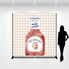 Lofaris Custom Baby’s First Birthday BBQ Sauce Bottle Backdrop featuring a Smiling Baby Face and The is Boss Slogan