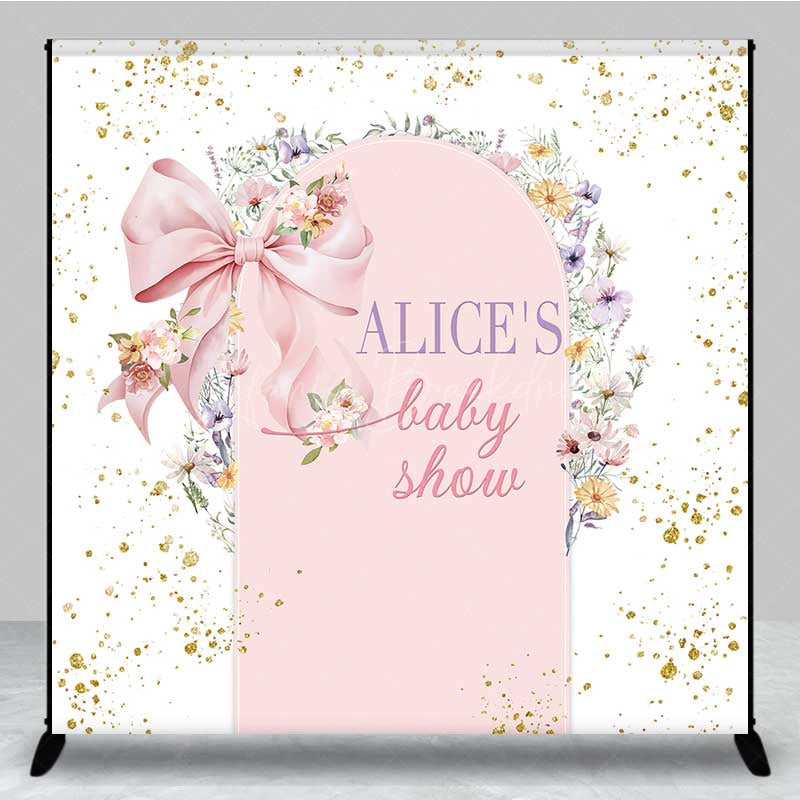 Lofaris Custom Baby Shower Arch Backdrop Pink Bow and Wildflower Wreath Boho Floral Garden Party Welcome Sign Decor