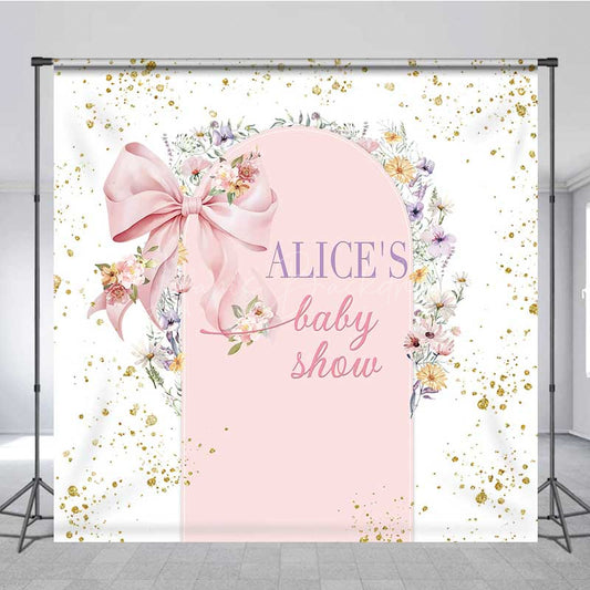 Lofaris Custom Baby Shower Arch Backdrop Pink Bow and Wildflower Wreath Boho Floral Garden Party Welcome Sign Decor