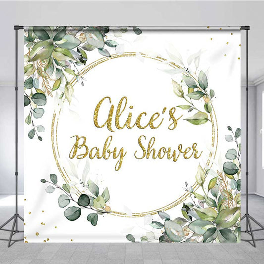 Lofaris Custom Baby Shower Backdrop Elegant Gold Glitter and Greenery Wreath Personalized Eucalyptus Leaves Welcome Sign