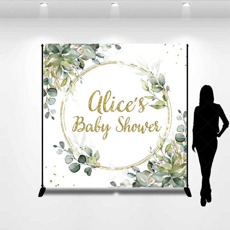 Lofaris Custom Baby Shower Backdrop Elegant Gold Glitter and Greenery Wreath Personalized Eucalyptus Leaves Welcome Sign