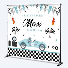 Lofaris Custom Baby Shower Backdrop Little Racer Blue Car Checkered Flag Decoration