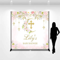 Lofaris Custom Baby Shower Backdrop with Golden Glitter Cross Floral Pink Roses and Crescent Moon Design for Baby’s Celebration