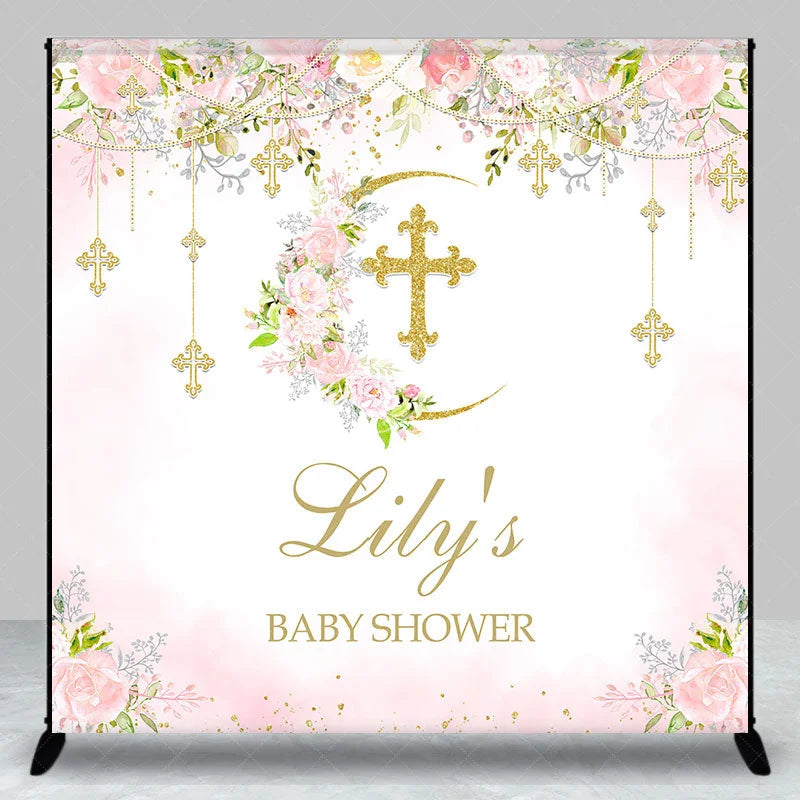 Lofaris Custom Baby Shower Backdrop with Golden Glitter Cross Floral Pink Roses and Crescent Moon Design for Baby’s Celebration
