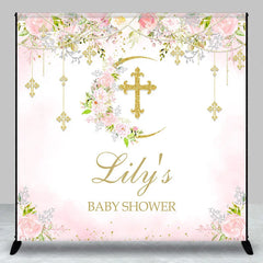 Lofaris Custom Baby Shower Backdrop with Golden Glitter Cross Floral Pink Roses and Crescent Moon Design for Baby’s Celebration