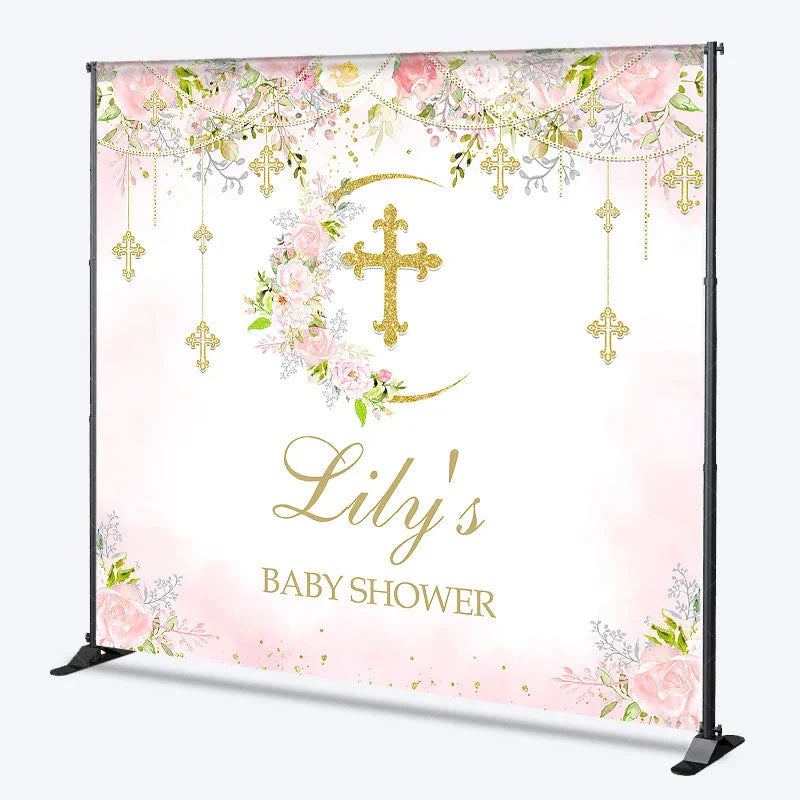 Lofaris Custom Baby Shower Backdrop with Golden Glitter Cross Floral Pink Roses and Crescent Moon Design for Baby’s Celebration