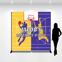 Lofaris Custom Basketball Birthday Party Backdrop Purple and Gold Sports Court Personalized Slam Dunk Action Photo Prop