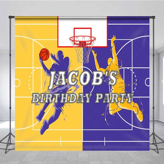 Lofaris Custom Basketball Birthday Party Backdrop Purple and Gold Sports Court Personalized Slam Dunk Action Photo Prop