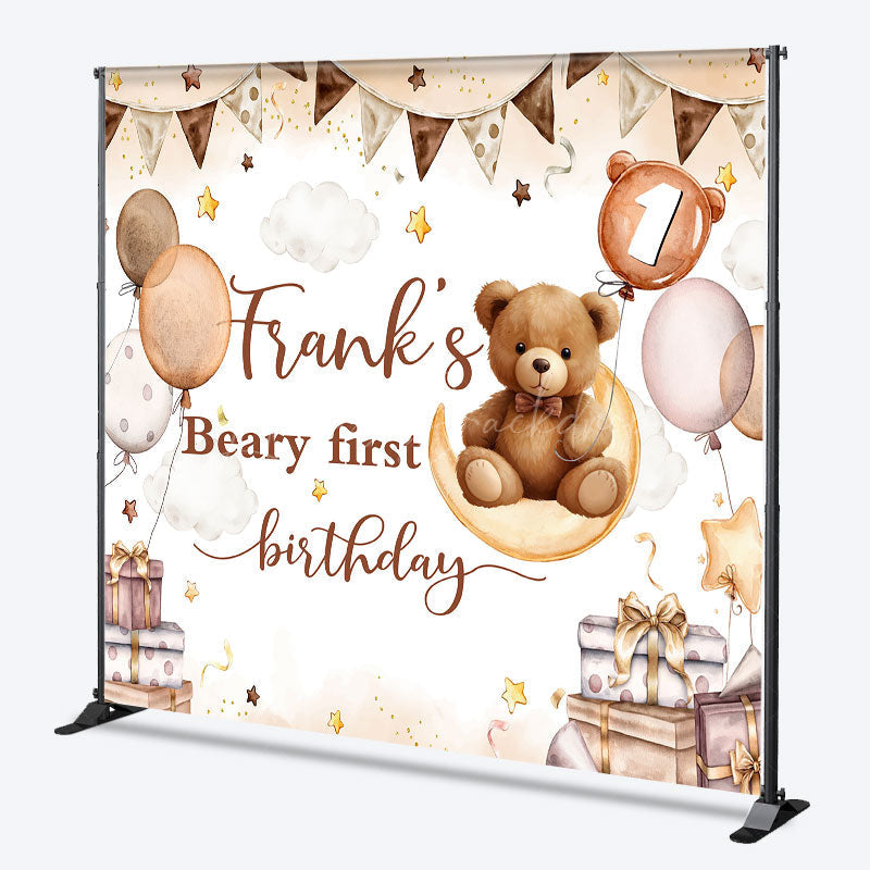 Lofaris Custom Beary First Birthday Backdrop Boho Teddy Bear on Moon with Balloons Personalized Boys Party Photo Prop
