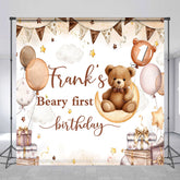 Lofaris Custom Beary First Birthday Backdrop Boho Teddy Bear on Moon with Balloons Personalized Boys Party Photo Prop
