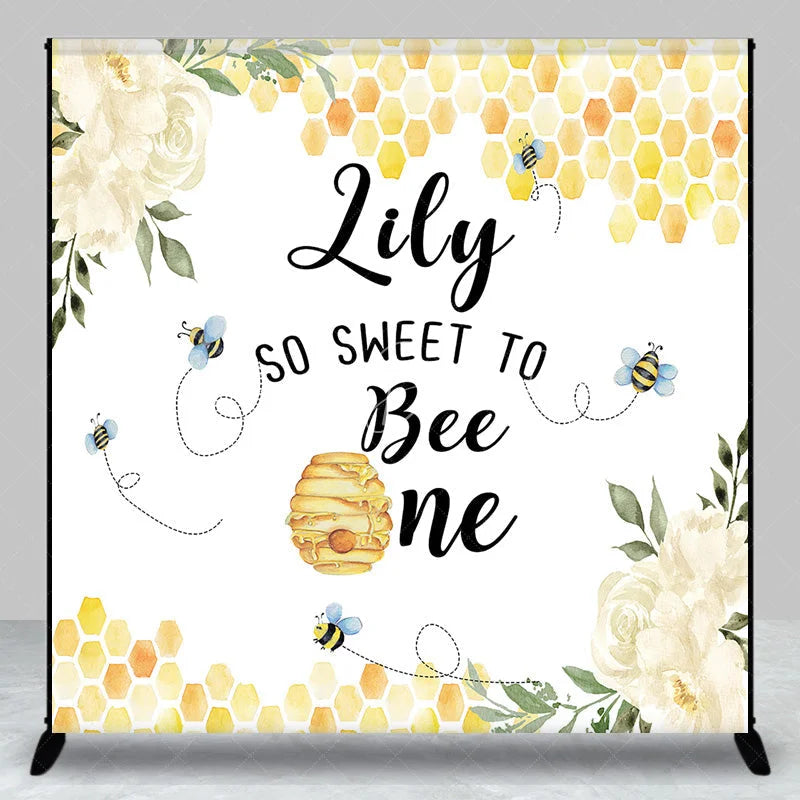 Lofaris Custom Bee and Honeycomb First Birthday Backdrop Personalized So Sweet to Be One with White Flowers