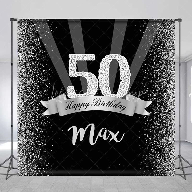 Lofaris Custom Birthday Backdrop 50th Silver Glitter Personalize Name Black Shine Beams Background Adult Party Prop