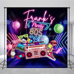 Lofaris Custom Birthday Backdrop 80s Retro Theme Neon Glow Disco Ball Boombox Party Supply