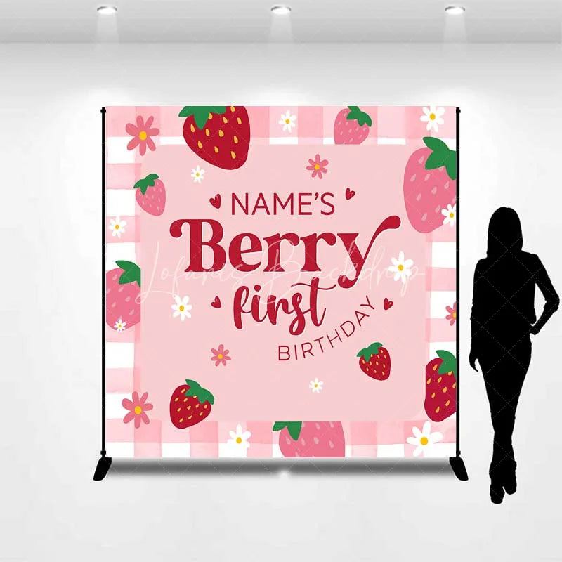 Lofaris Custom Birthday Backdrop Berry First Pink Strawberry Gingham Decoration