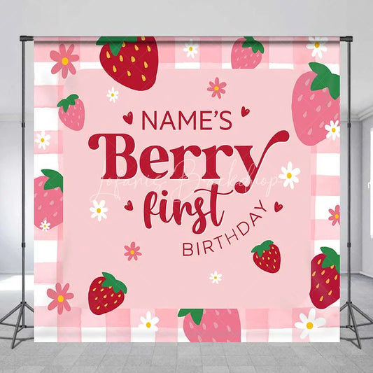 Lofaris Custom Birthday Backdrop Berry First Pink Strawberry Gingham Decoration