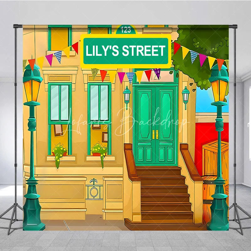 Lofaris Custom Birthday Backdrop Cartoon City Street Brownstone Building Green Sign Kids Prop