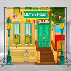 Lofaris Custom Birthday Backdrop Cartoon City Street Brownstone Building Green Sign Kids Prop