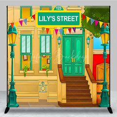 Lofaris Custom Birthday Backdrop Cartoon City Street Brownstone Building Green Sign Kids Prop