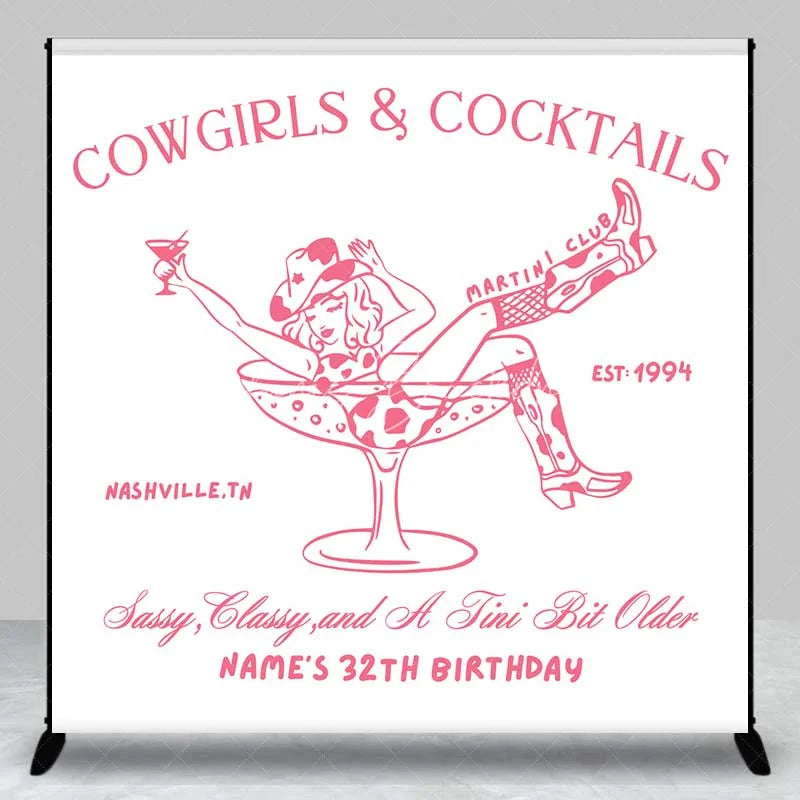 Lofaris Custom Birthday Backdrop Cowgirls and Cocktails Pink Line Art Western Boots Martini Personalized Background