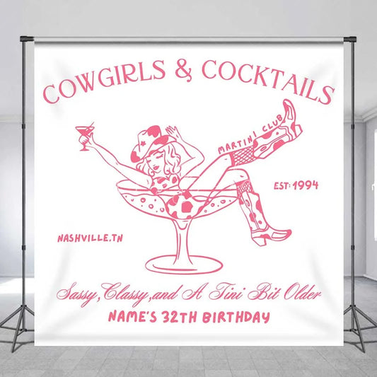Lofaris Custom Birthday Backdrop Cowgirls and Cocktails Pink Line Art Western Boots Martini Personalized Background
