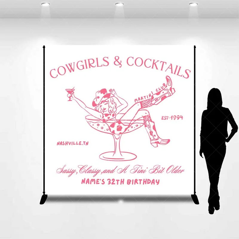 Lofaris Custom Birthday Backdrop Cowgirls and Cocktails Pink Line Art Western Boots Martini Personalized Background