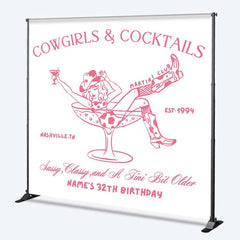 Lofaris Custom Birthday Backdrop Cowgirls and Cocktails Pink Line Art Western Boots Martini Personalized Background