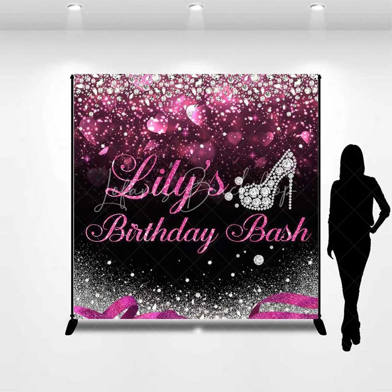 Lofaris Custom Birthday Backdrop Diamond High Heels Pink Glitter Diva Party Decoration
