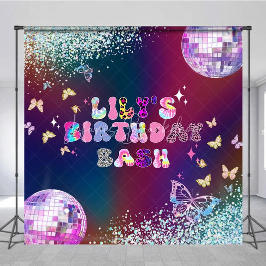 Lofaris Custom Birthday Backdrop Groovy Disco Ball Butterfly Tie Dye Neon Party Decoration