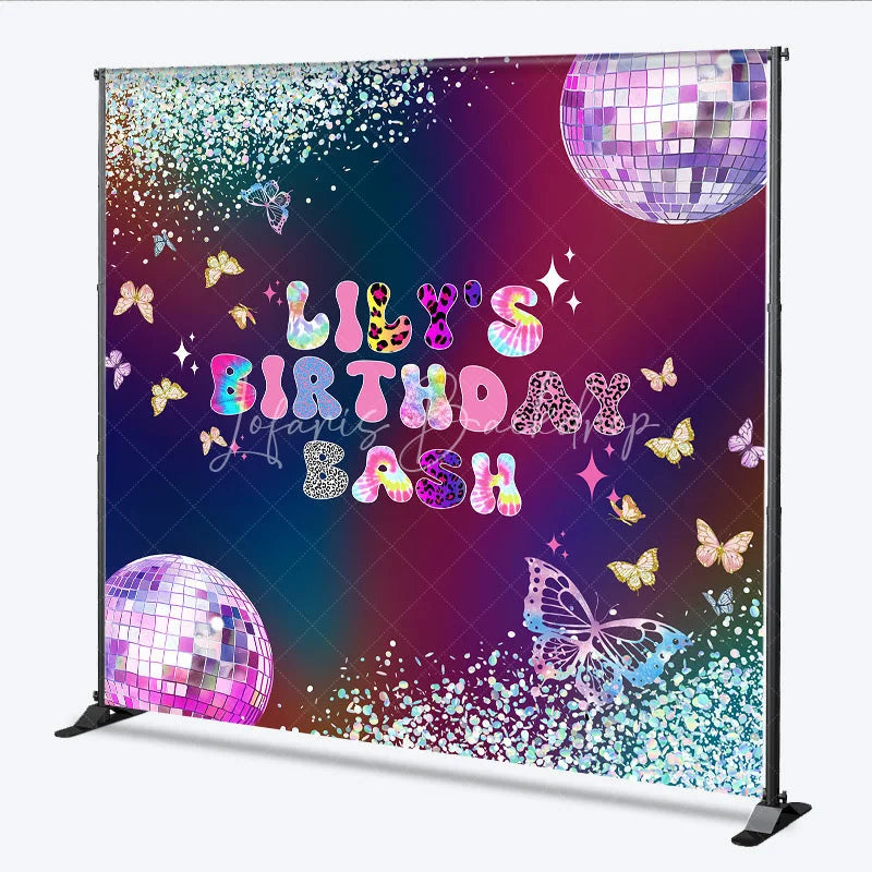 Lofaris Custom Birthday Backdrop Groovy Disco Ball Butterfly Tie Dye Neon Party Decoration