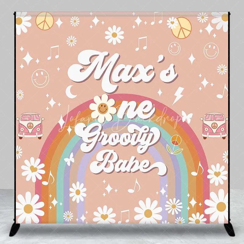 Lofaris Custom Birthday Backdrop One Groovy Babe Personalize Name Retro Daisy Flower Rainbow Background Girls 1st Bday Decor
