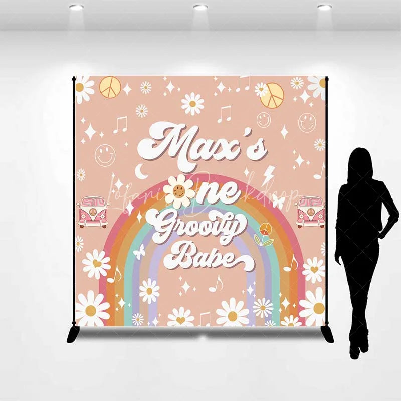 Lofaris Custom Birthday Backdrop One Groovy Babe Personalize Name Retro Daisy Flower Rainbow Background Girls 1st Bday Decor