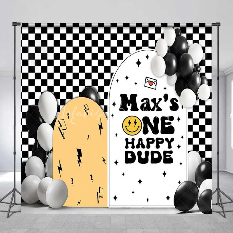 Lofaris Custom Birthday Backdrop One Happy Dude Personalize Name Retro Smiley Face Checkerboard Background 1st Bday Decor