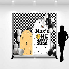 Lofaris Custom Birthday Backdrop One Happy Dude Personalize Name Retro Smiley Face Checkerboard Background 1st Bday Decor
