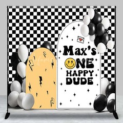 Lofaris Custom Birthday Backdrop One Happy Dude Personalize Name Retro Smiley Face Checkerboard Background 1st Bday Decor