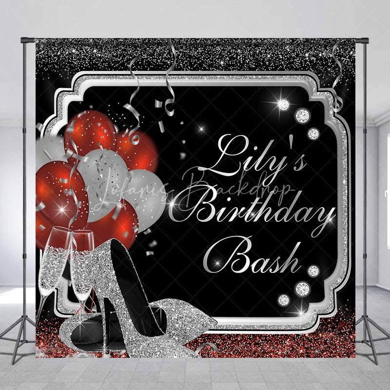 Lofaris Custom Birthday Backdrop Personalized Silver Glitter Red Balloons Sparkling High Heels
