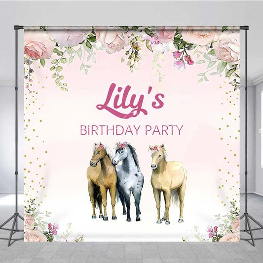Lofaris Custom Birthday Backdrop Pink Floral Horse Farm Animals Photography Background