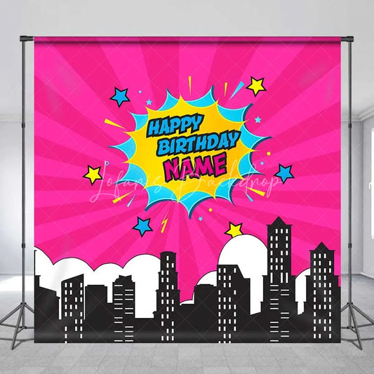 Lofaris Custom Birthday Backdrop Pink Superhero Comic Book Pop Art City Skyline Decor