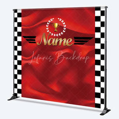 Lofaris Custom Birthday Backdrop Race Car Trophy Red Satin Checkered Flag Personalized Party Background