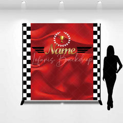 Lofaris Custom Birthday Backdrop Race Car Trophy Red Satin Checkered Flag Personalized Party Background