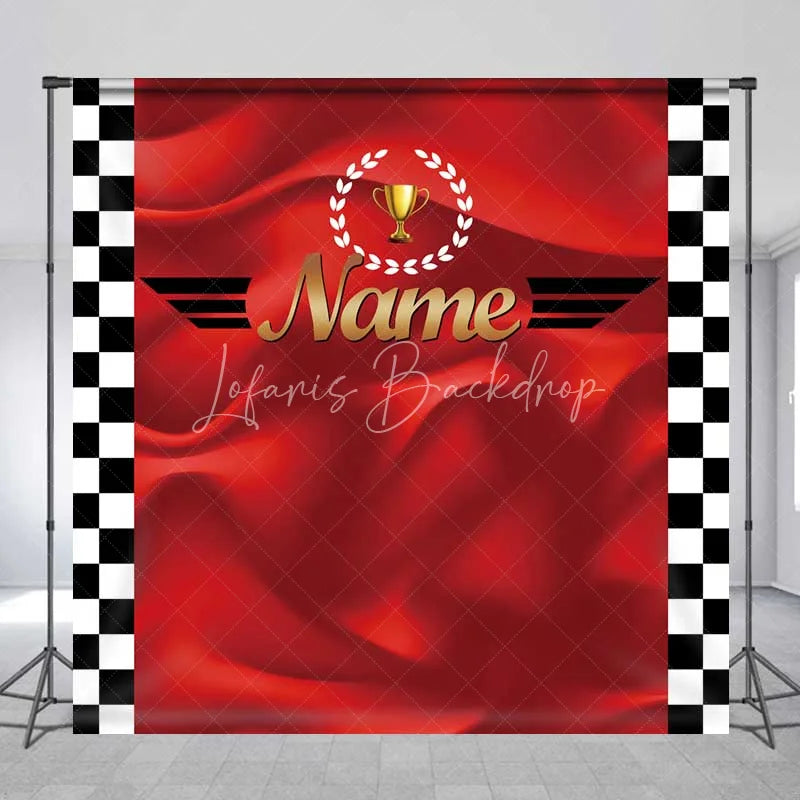 Lofaris Custom Birthday Backdrop Race Car Trophy Red Satin Checkered Flag Personalized Party Background