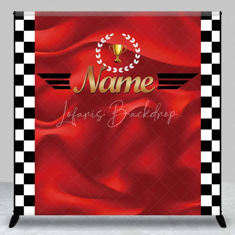Lofaris Custom Birthday Backdrop Race Car Trophy Red Satin Checkered Flag Personalized Party Background