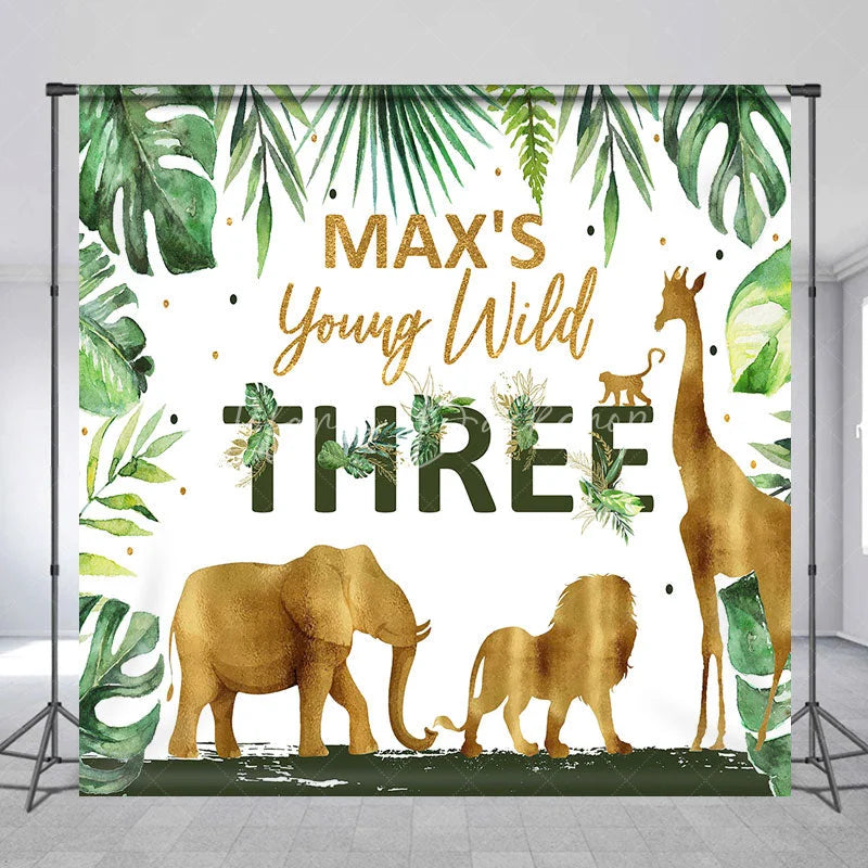 Lofaris Custom Birthday Backdrop Safari Animals Gold Jungle Leaves Background Personalized Name Age Wild Party Decoration